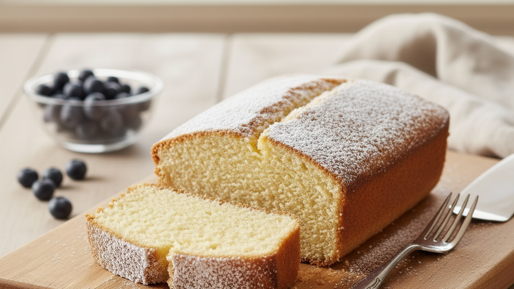 Gâteau au yaourt en cake doré saupoudré de sucre glace, une tranche coupée sur une planche en bois, bol de myrtilles à côté