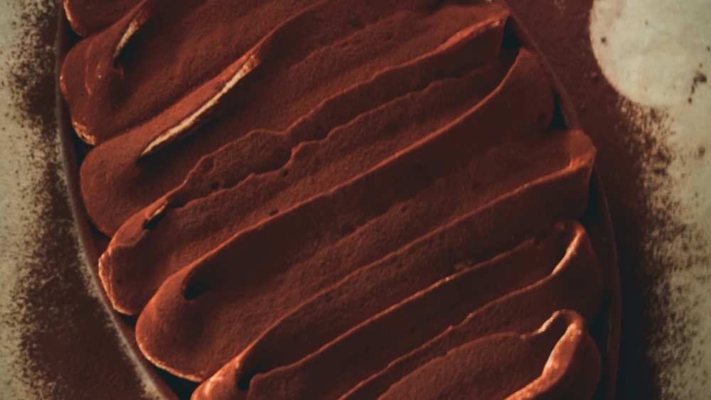 Tiramisu dans un plat ovale, dessus abondamment saupoudré de cacao en vagues, tamis et cuillères doseuses à côté