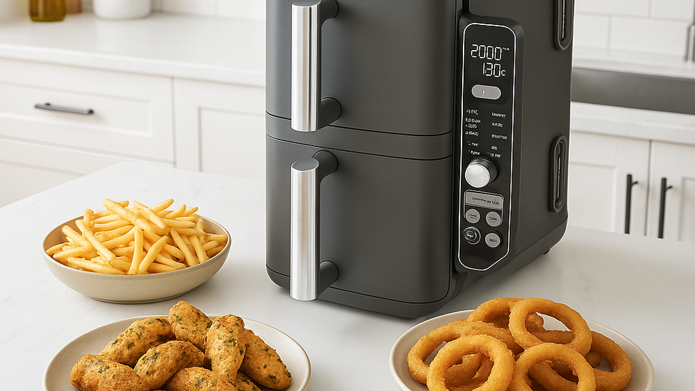 Black Ninja dual-basket air fryer on a white kitchen counter with plates of fries, nuggets and onion rings