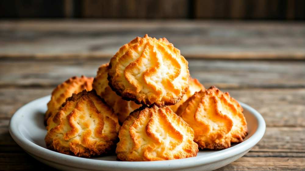 Rochers à la noix de coco dorés empilés sur une petite assiette blanche, sur un fond en bois rustique