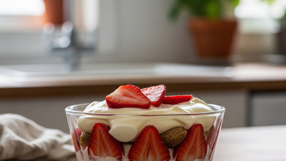 Tiramisu aux fraises dans un saladier en verre, couches de crème mascarpone et fraises tranchées, cuisine lumineuse en fond