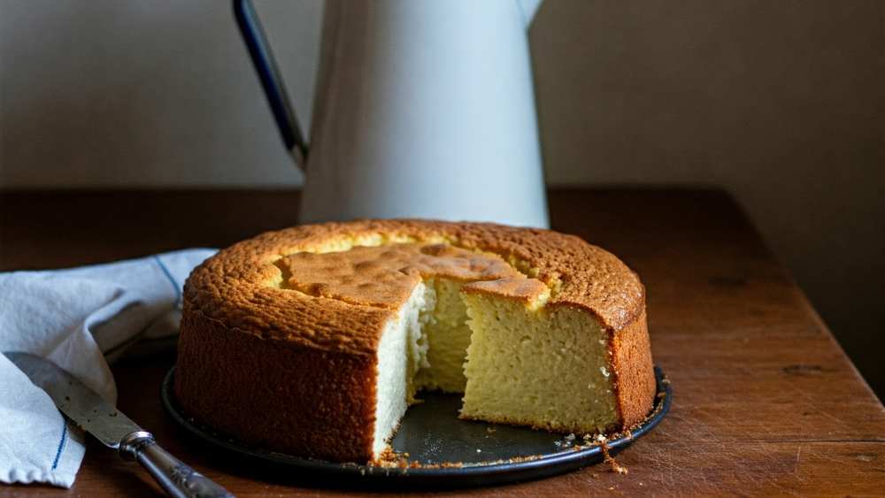 Gâteau au yaourt rond et doré avec une part coupée, sur une table en bois, pichet émaillé blanc en arrière-plan
