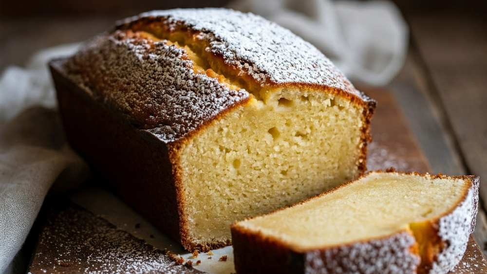 Gâteau au yaourt doré saupoudré de sucre glace, une tranche coupée, sur une planche en bois
