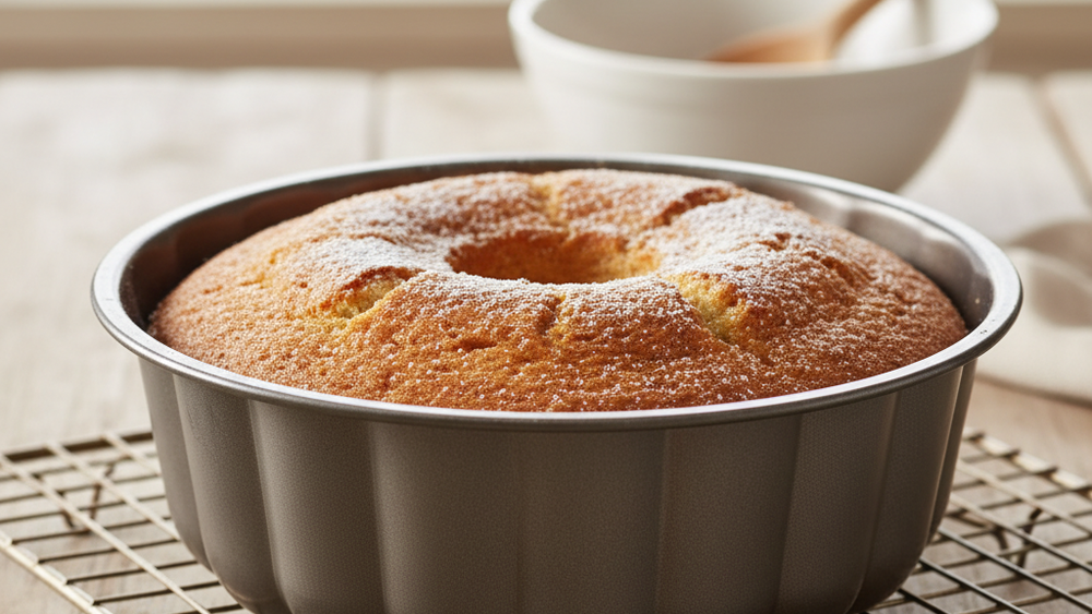 Gâteau au yaourt bien gonflé et doré dans son moule cannelé, saupoudré de sucre glace, refroidissant sur une grille