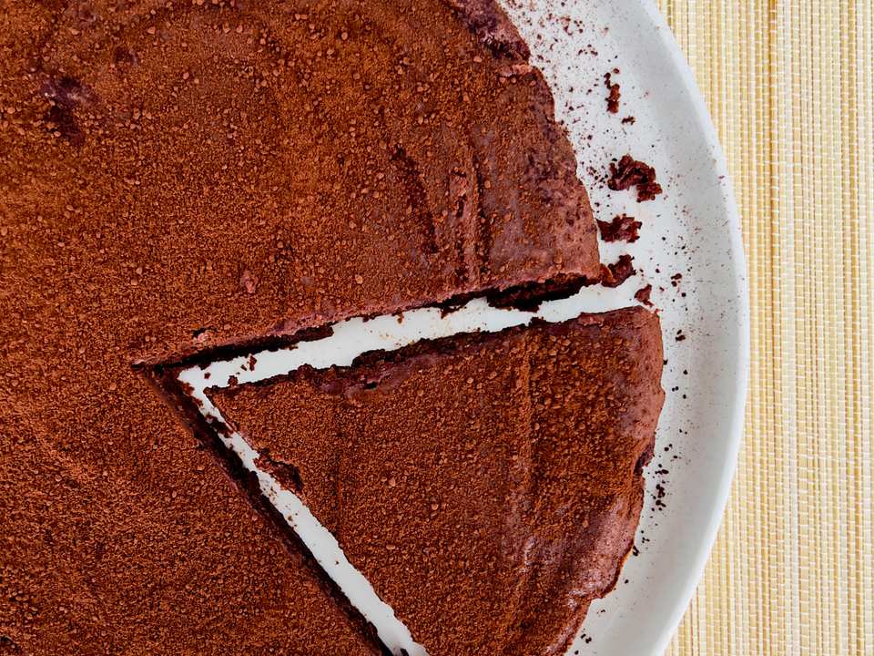 A slice of rich chocolate and ricotta cake, showcasing its moist texture and dark color.