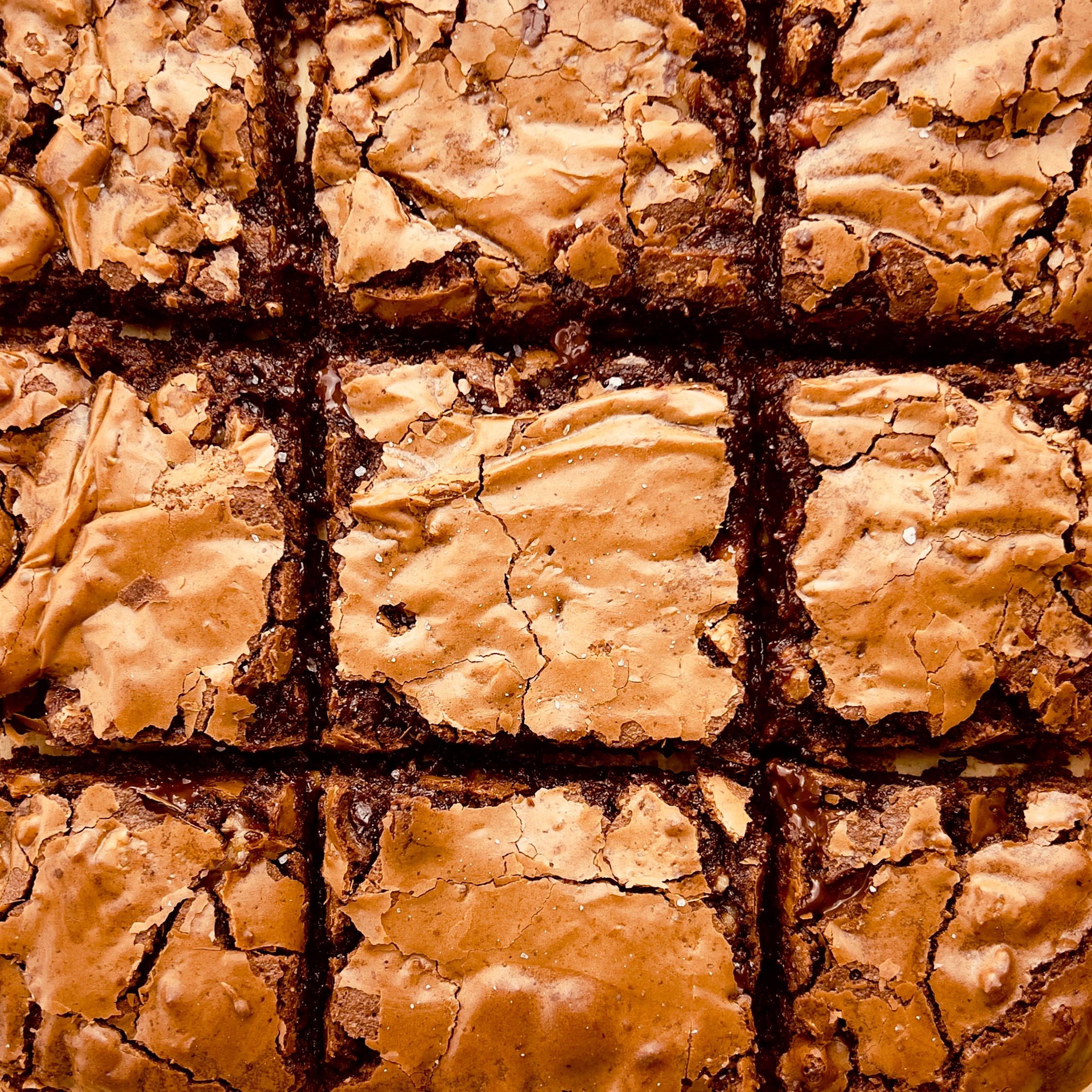 Close up photo of 15 squares of brownies with shiny, flaky, crackly tops sprinkled with sea salt.